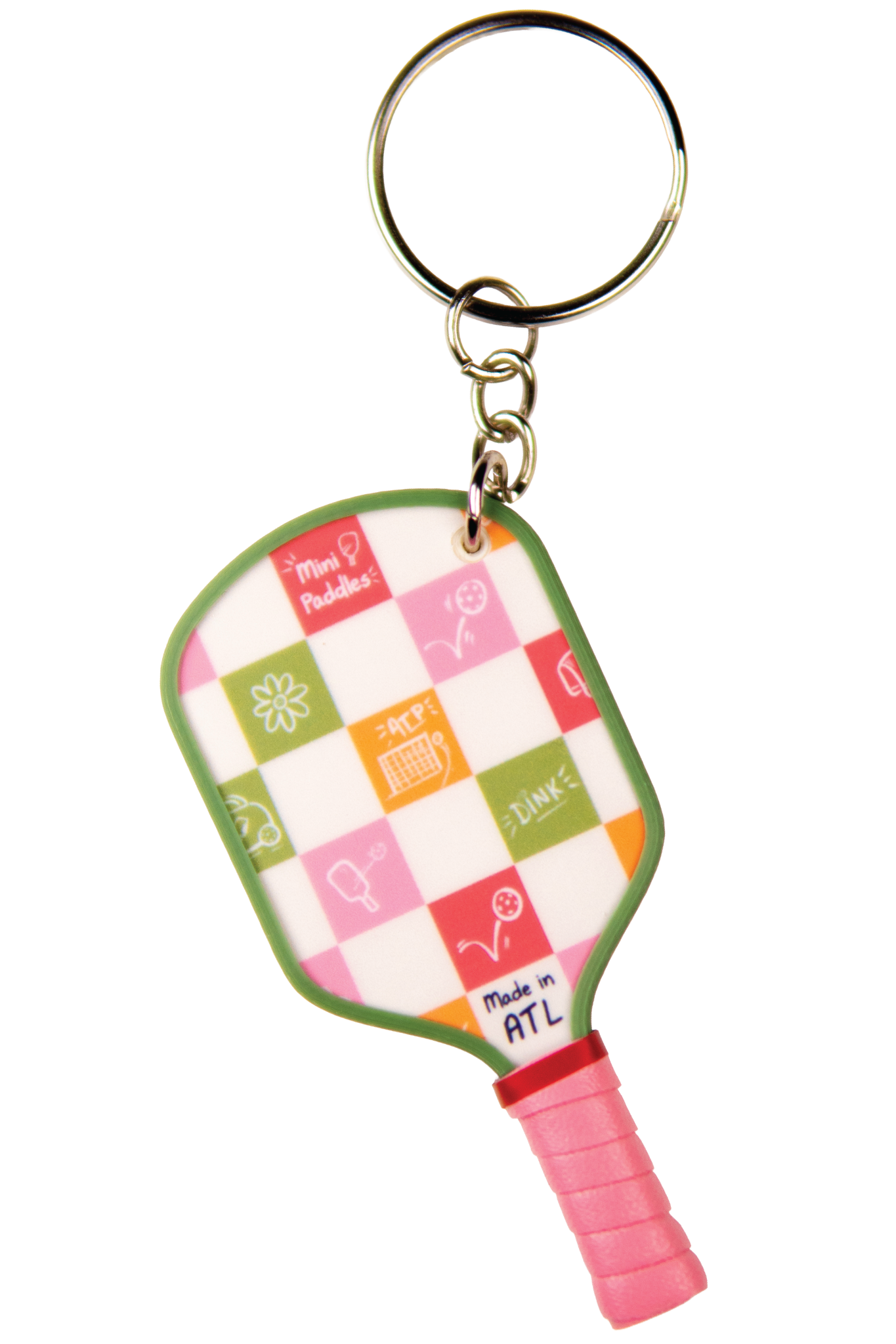 MiniPaddles keychain with a green edge, pink grip, and colorful Atlanta pickleball checkerboard face